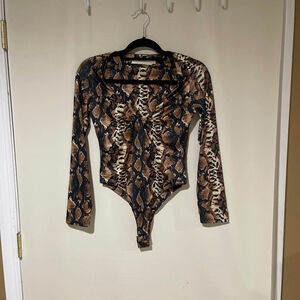 NWOT Women Lizette Collection Brown Black Snakeskin Long Sleeve Bodysuit SZ L